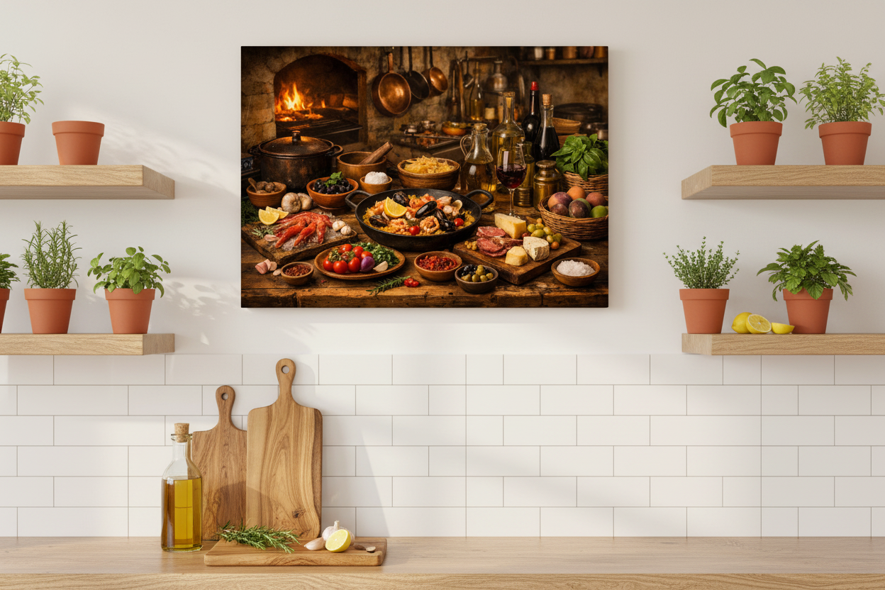 Mediterranean still life kitchen canvas wall art hung in modern kitchen above open shelving with herbs and olive wood - Portugal Canvas Co