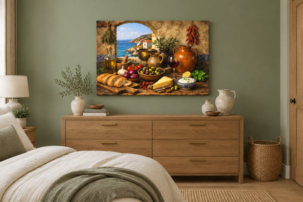 Mediterranean coastal still life canvas displayed in a sage green bedroom - Portugal Canvas Co