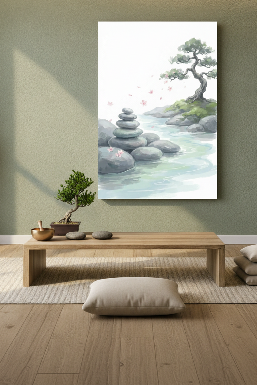 Zen stacked stones bonsai cherry blossom watercolor canvas wall art in a minimalist meditation room with floor cushions and singing bowl - Portugal Canvas Co