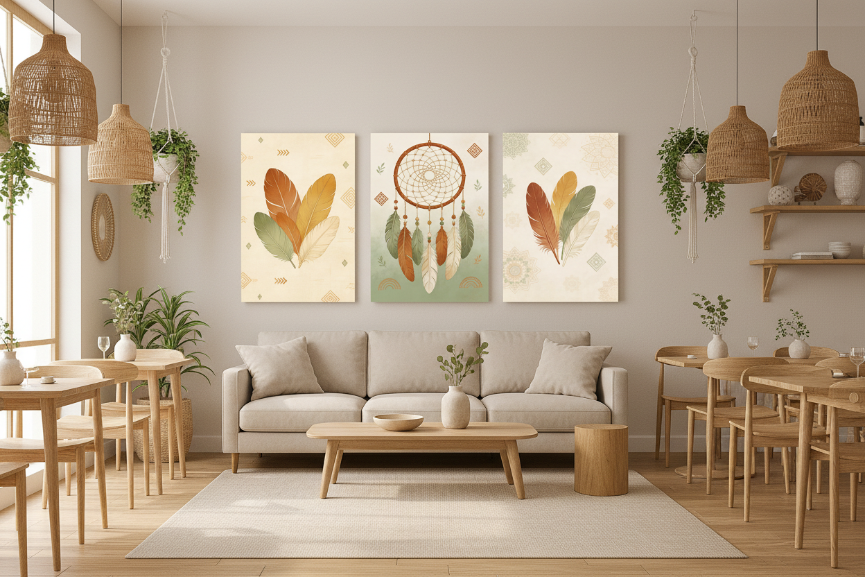 Boho dreamcatcher triptych canvas wall art set displayed on the wall of a bright boho café with wooden furniture and hanging plants - Portugal Canvas Co