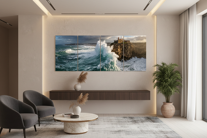 Four-panel coastal lighthouse canvas wall art in a boutique hotel lobby - Portugal Canvas Co