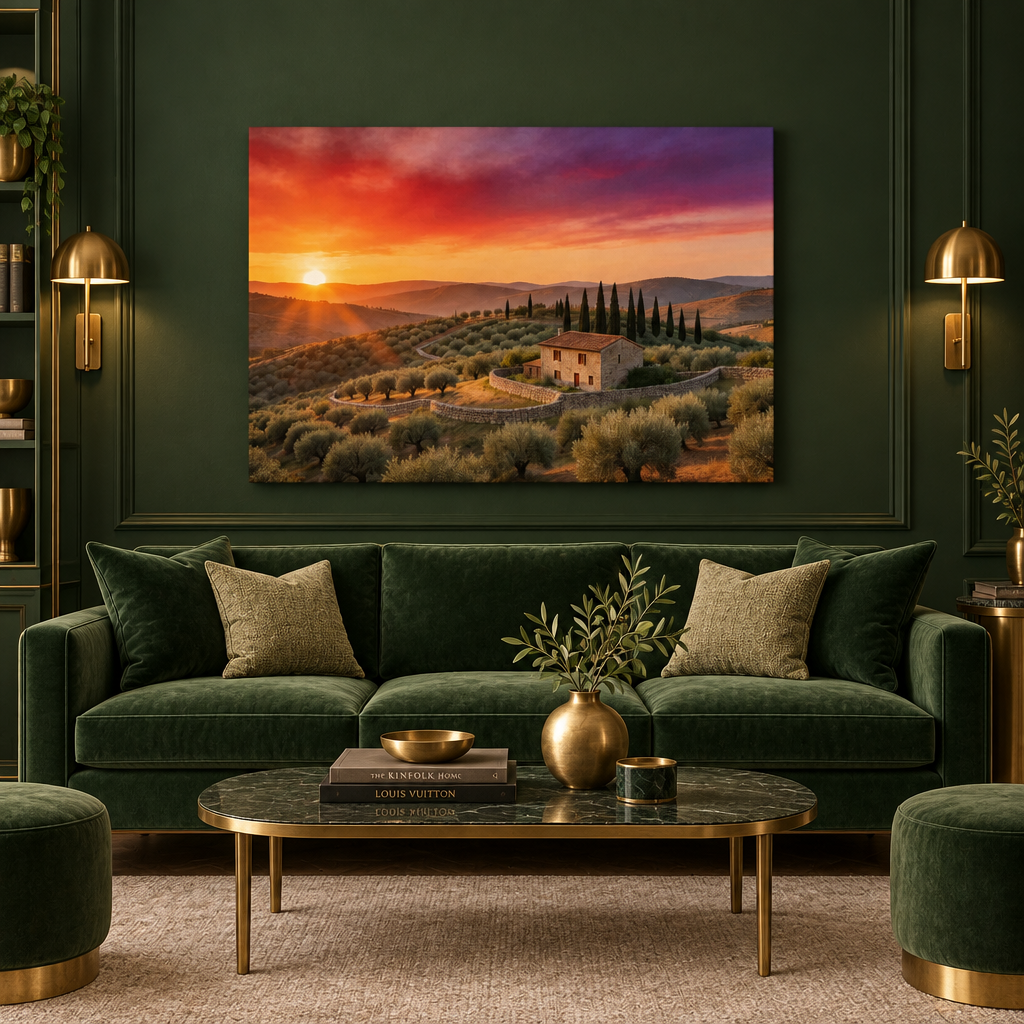 Tuscan-style sunset farmhouse canvas above a forest green boutique hotel lounge sofa - Portugal Canvas Co