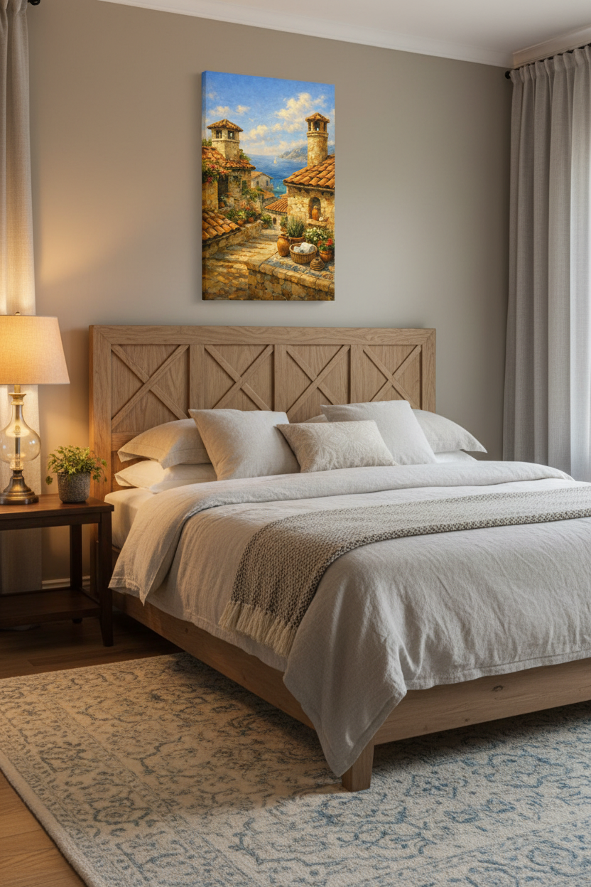 Mediterranean village sea view canvas print above a wooden headboard in a cosy bedroom with warm lamp lighting - Portugal Canvas Co