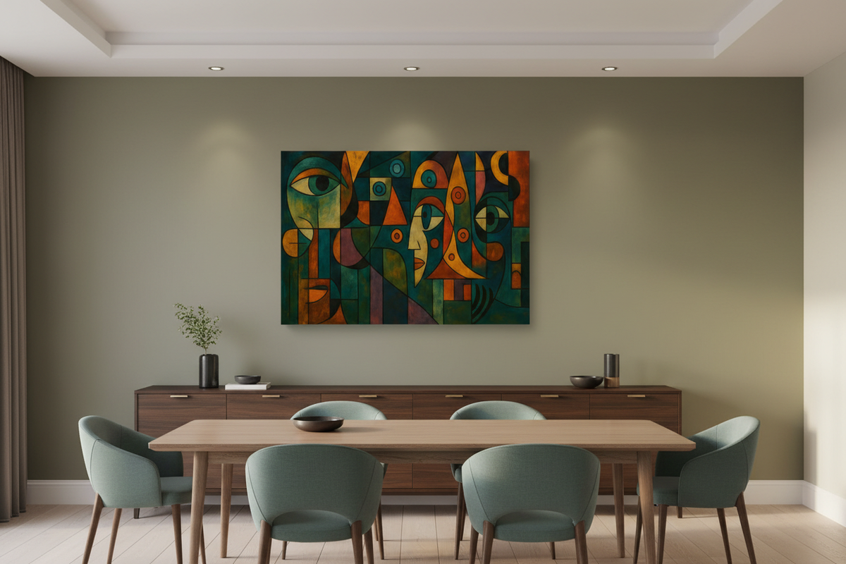 Colorful Cubist Faces canvas above a walnut sideboard in a sophisticated contemporary dining room - Portugal Canvas Co