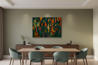 Colorful Cubist Faces canvas above a walnut sideboard in a sophisticated contemporary dining room - Portugal Canvas Co