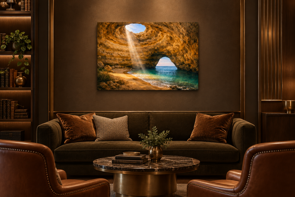 Benagil Cave sunbeam canvas evenly lit above a sofa in a private members club lounge - Portugal Canvas Co