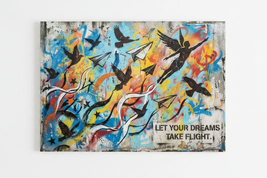 Let Your Dreams Take Flight graffiti street art canvas print with birds and paper airplanes, flat lay on white background - Portugal Canvas Co