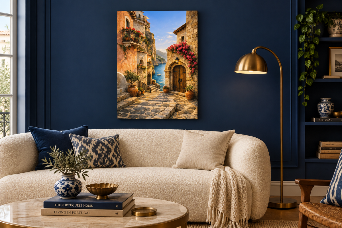 Cliffside Mediterranean village and sea bay canvas wall art above a cream sofa in a navy blue living room - Portugal Canvas Co