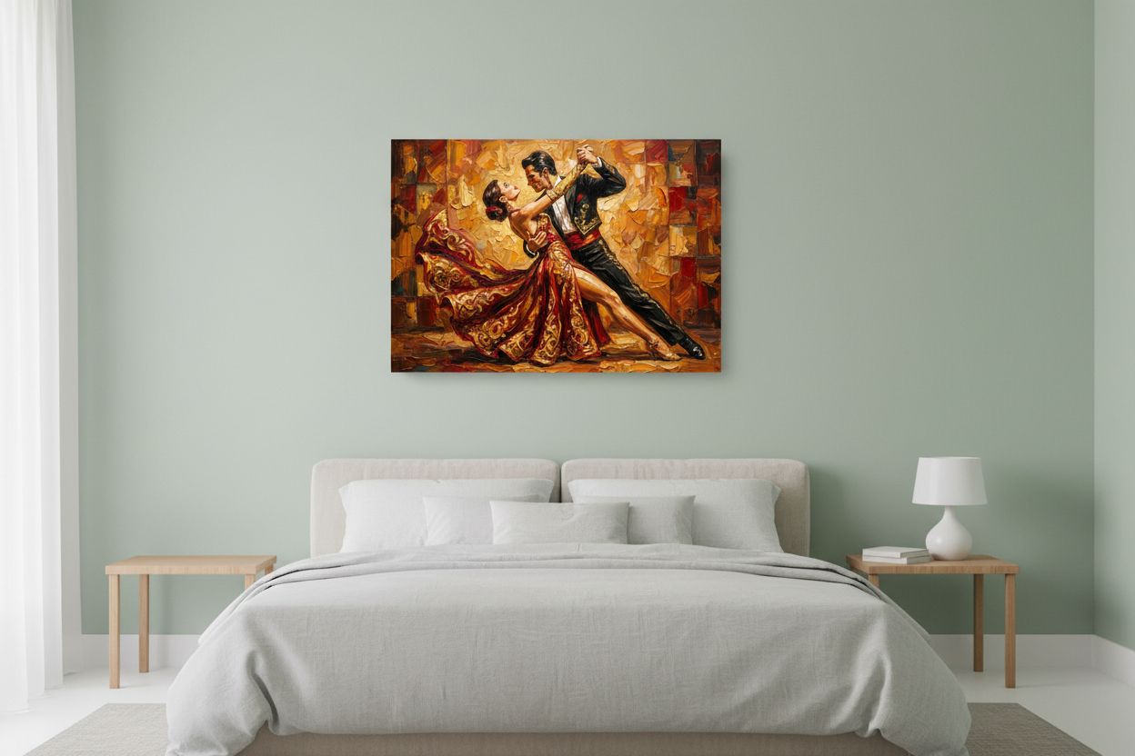 Golden Tango Embrace couples dance canvas wall art on a sage green wall in a bright airy modern bedroom - Portugal Canvas Co