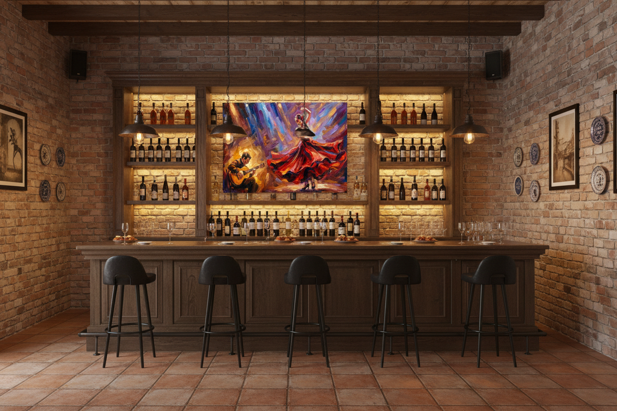 Flamenco dancer and guitarist vibrant canvas wall art displayed on exposed brick wall in a stylish tapas bar with warm pendant lighting - Portugal Canvas Co