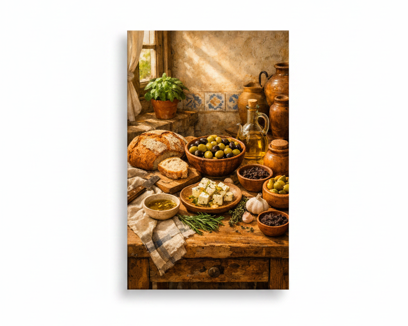 Mediterranean kitchen still life canvas wall art with olives feta bread and herbs on white background - Portugal Canvas Co