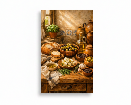 Mediterranean kitchen still life canvas wall art with olives feta bread and herbs on white background - Portugal Canvas Co