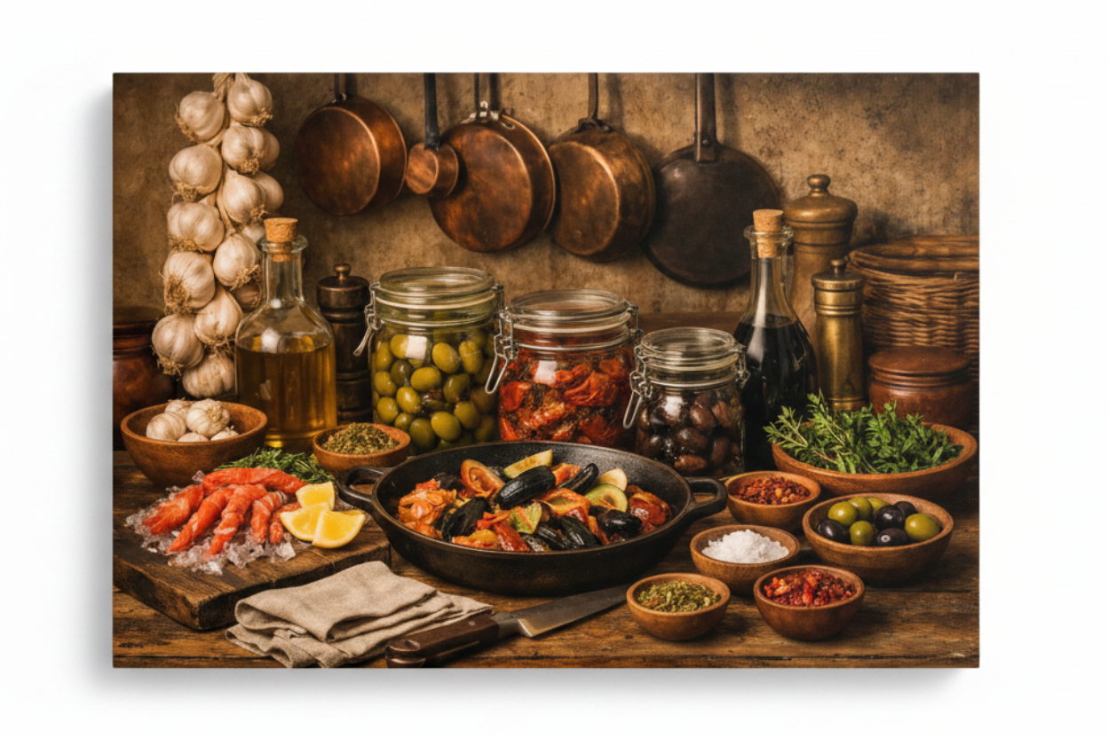Mediterranean kitchen still life canvas print flat lay on white background showing olives, garlic, copper pans, prawns and herbs - Portugal Canvas Co
