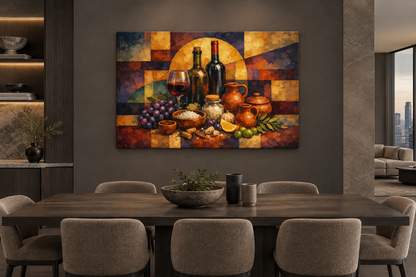 Grapes and wine harvest still life gallery-wrapped canvas in a charcoal and taupe penthouse dining room - Portugal Canvas Co