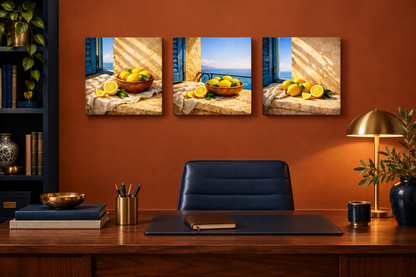 Mediterranean Lemon Window Trio canvas set displayed in a terracotta home office - Portugal Canvas Co