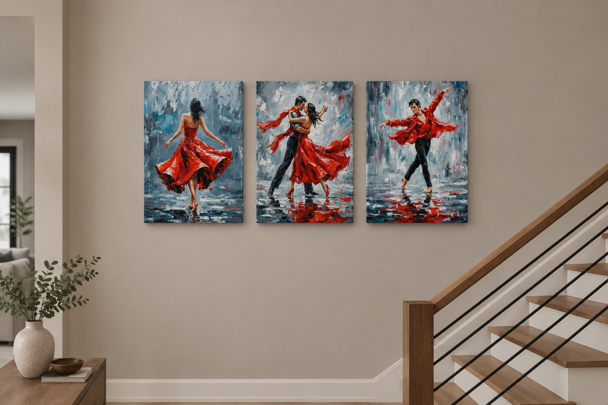 Three panel red dress dance canvas set spaced across a wide warm greige staircase wall in a modern home - Portugal Canvas Co