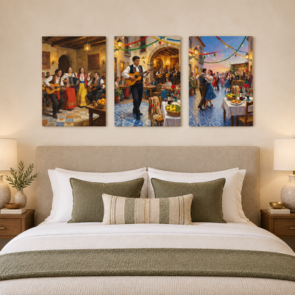 Three-panel Portuguese Festa music and dance canvas wall art in a boutique hotel guest suite - Portugal Canvas Co