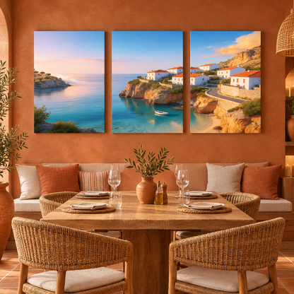 Three coastal village canvas panels in a terracotta dining lounge with woven chairs - Portugal Canvas Co