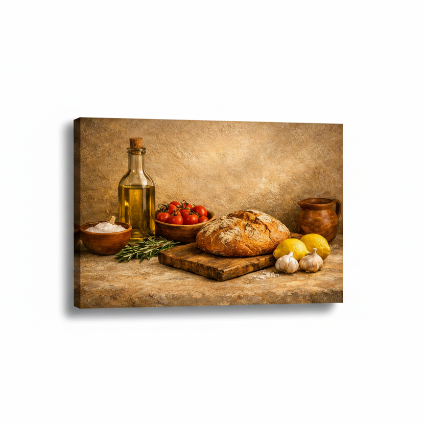 Rustic Mediterranean kitchen wall art canvas with bread olive oil lemons and herbs on white background - Portugal Canvas Co