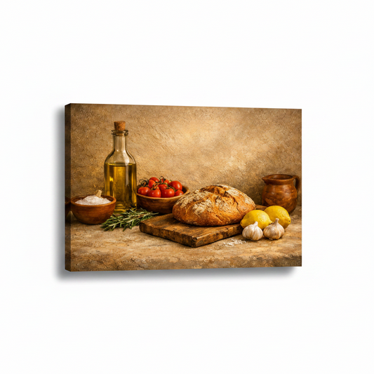 Rustic Mediterranean kitchen wall art canvas with bread olive oil lemons and herbs on white background - Portugal Canvas Co