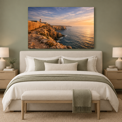 Sagres Fortress sunset canvas above an ivory upholstered bed in a sage green bedroom - Portugal Canvas Co