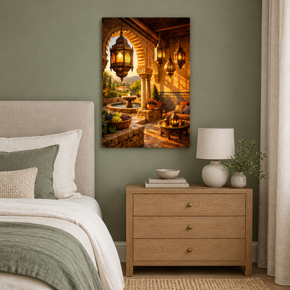 Ornate archway and glowing lantern courtyard canvas wall art in a sage green bedroom - Portugal Canvas Co
