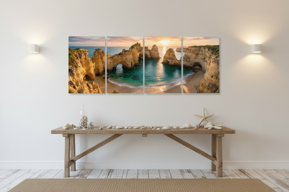 Ponta da Piedade Algarve golden sunset four-panel canvas wall art above driftwood console table in coastal hallway with whitewashed walls and wall sconce lighting - Portugal Canvas Co