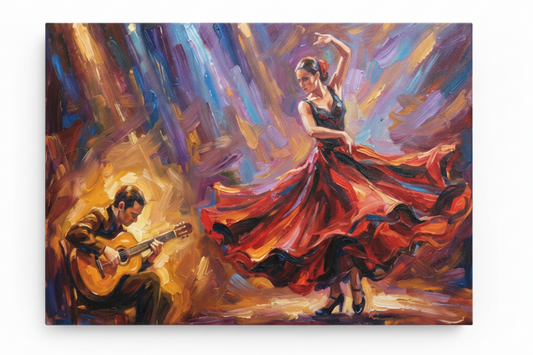 Flamenco dancer and guitarist vibrant canvas wall art flat lay on white background - Portugal Canvas Co
