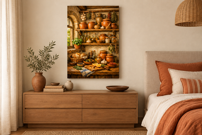 Mediterranean pantry still life canvas above a wooden dresser in a bedroom with terracotta and cream bedding - Portugal Canvas Co
