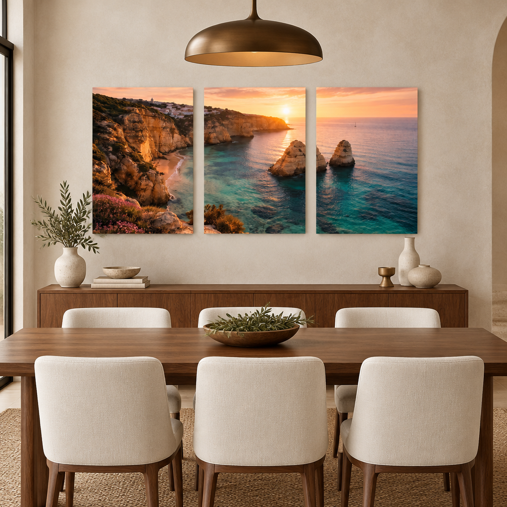 Algarve golden cliffs and turquoise sea sunset triptych in a dining room - Portugal Canvas Co