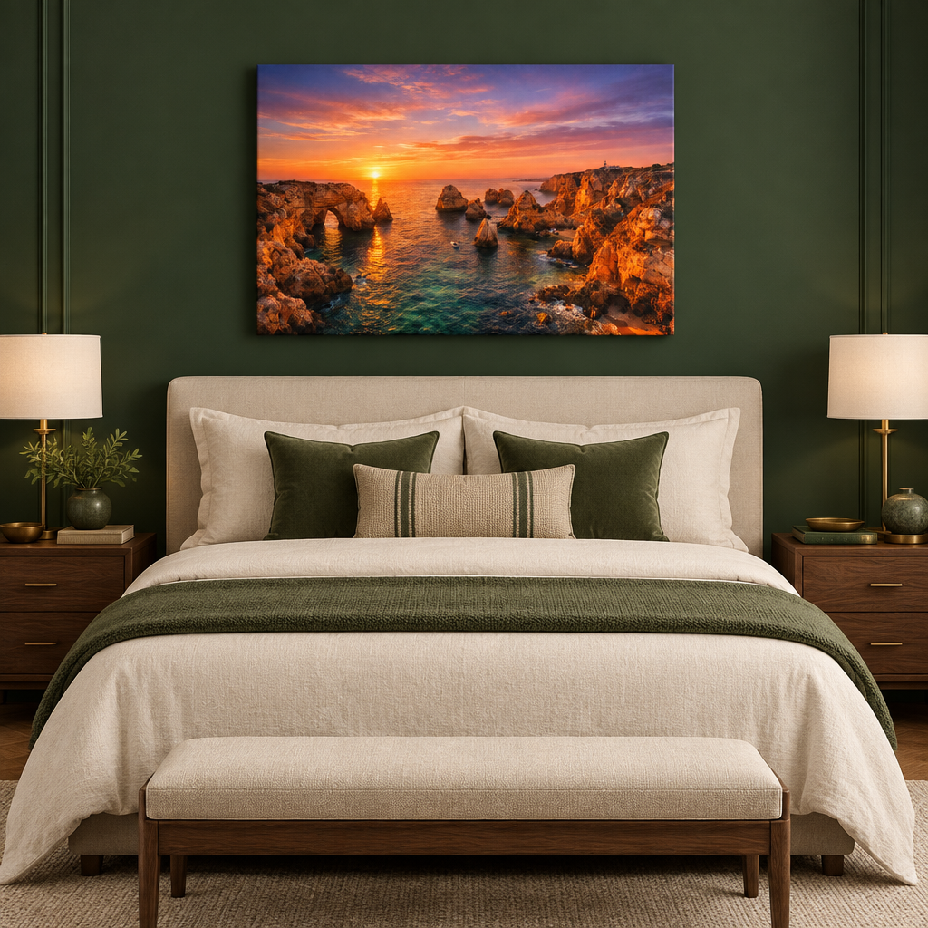 Ponta da Piedade sunset canvas in a forest green bedroom - Portugal Canvas Co