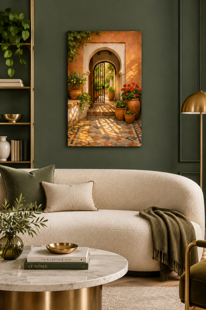Moorish arched courtyard gate canvas print with terracotta pots in a sage green luxury living room - Portugal Canvas Co