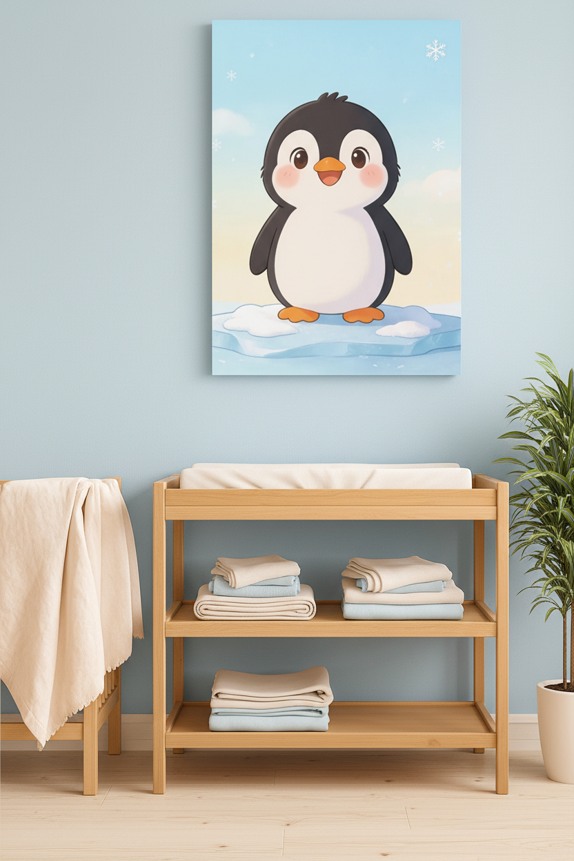 Cute baby penguin nursery canvas wall art on a pastel blue nursery wall above a changing table - Portugal Canvas Co