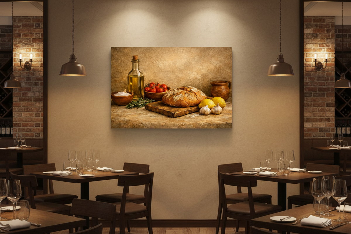 Rustic Mediterranean kitchen still life canvas wall art displayed in an upscale restaurant - Portugal Canvas Co