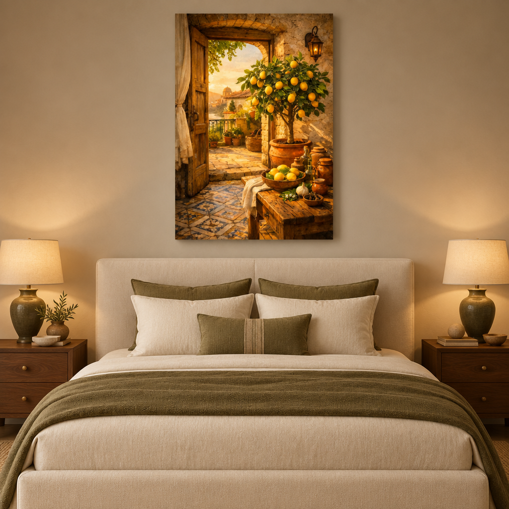 Mediterranean lemon tree canvas displayed in a cream and olive bedroom - Portugal Canvas Co