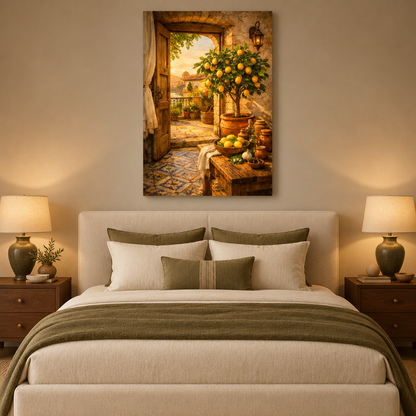 Mediterranean lemon tree canvas displayed in a cream and olive bedroom - Portugal Canvas Co