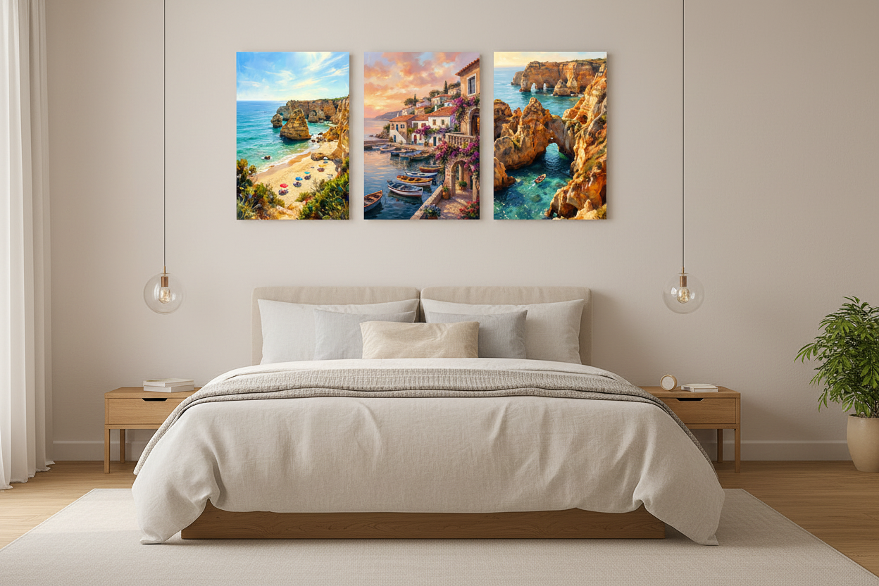 Algarve Portugal 3-panel triptych canvas set displayed above a bed in a bright minimalist bedroom - Portugal Canvas Co