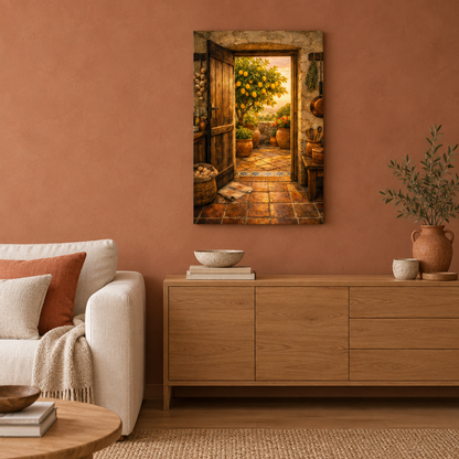 Rustic doorway and lemon tree canvas wall art in a terracotta living room - Portugal Canvas Co