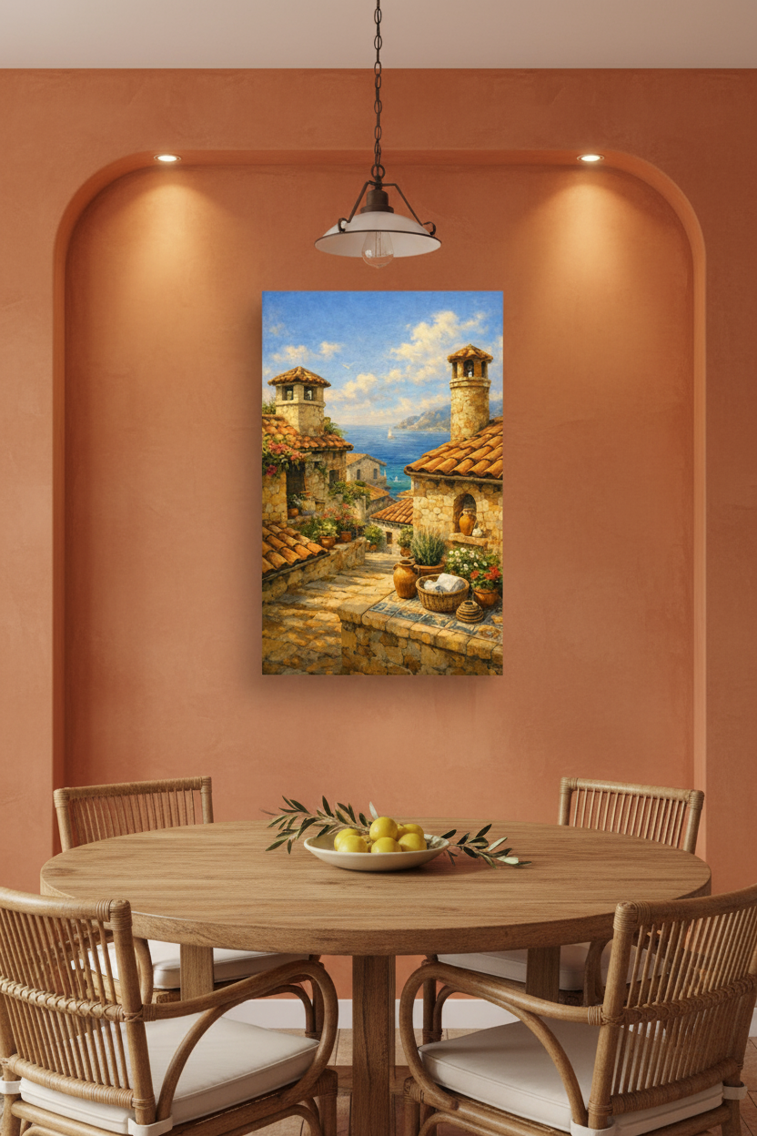 Mediterranean village sea view canvas print on a terracotta wall in a Mediterranean-style dining room with rattan chairs - Portugal Canvas Co