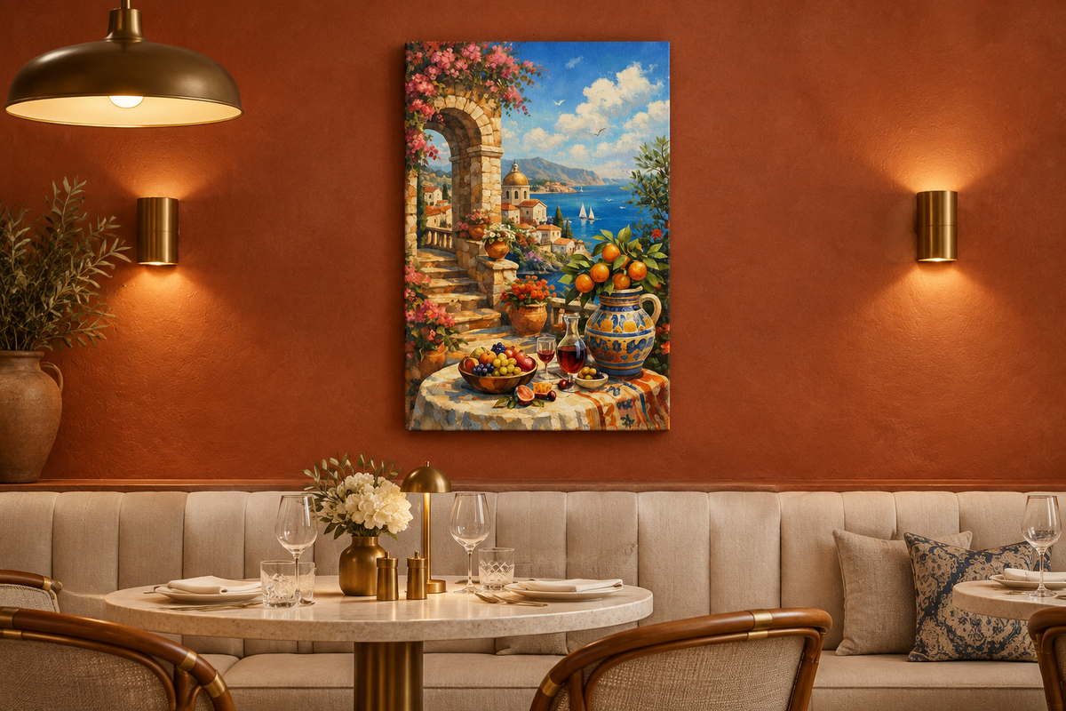 Mediterranean terrace dining scene canvas in a terracotta French Riviera restaurant with pendant lighting - Portugal Canvas Co