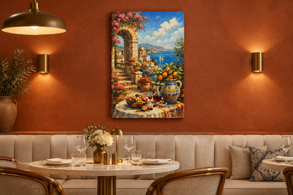 Mediterranean terrace dining scene canvas in a terracotta French Riviera restaurant with pendant lighting - Portugal Canvas Co