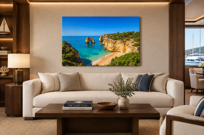 Algarve rock arch beach canvas above ivory seating in a luxury yacht club lounge - Portugal Canvas Co