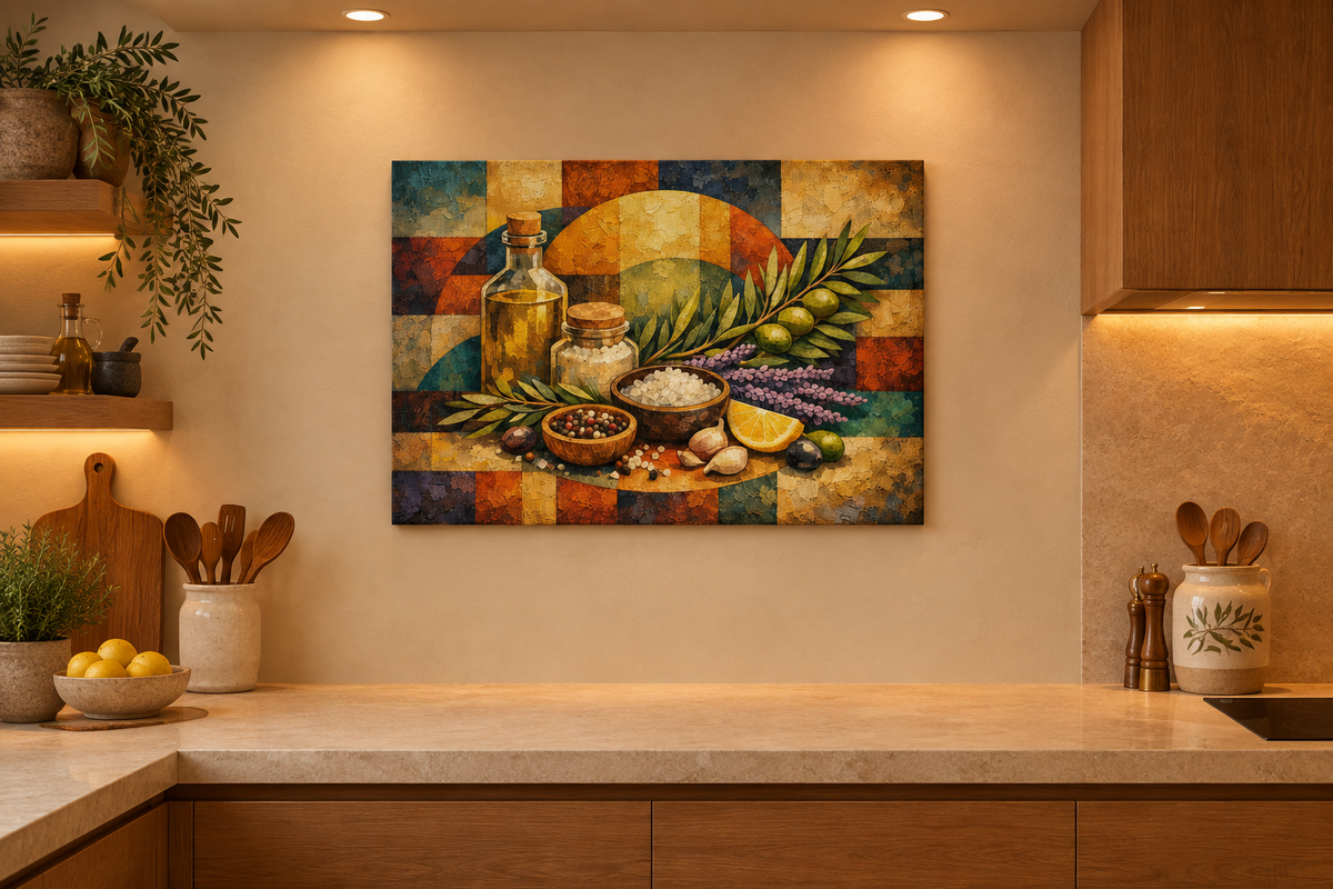 Cubist Mediterranean ingredients still life canvas in a warm, softly lit kitchen - Portugal Canvas Co