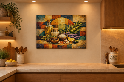 Cubist Mediterranean ingredients still life canvas in a warm, softly lit kitchen - Portugal Canvas Co