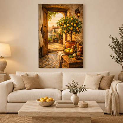 Mediterranean lemon tree canvas displayed in an ivory living room - Portugal Canvas Co