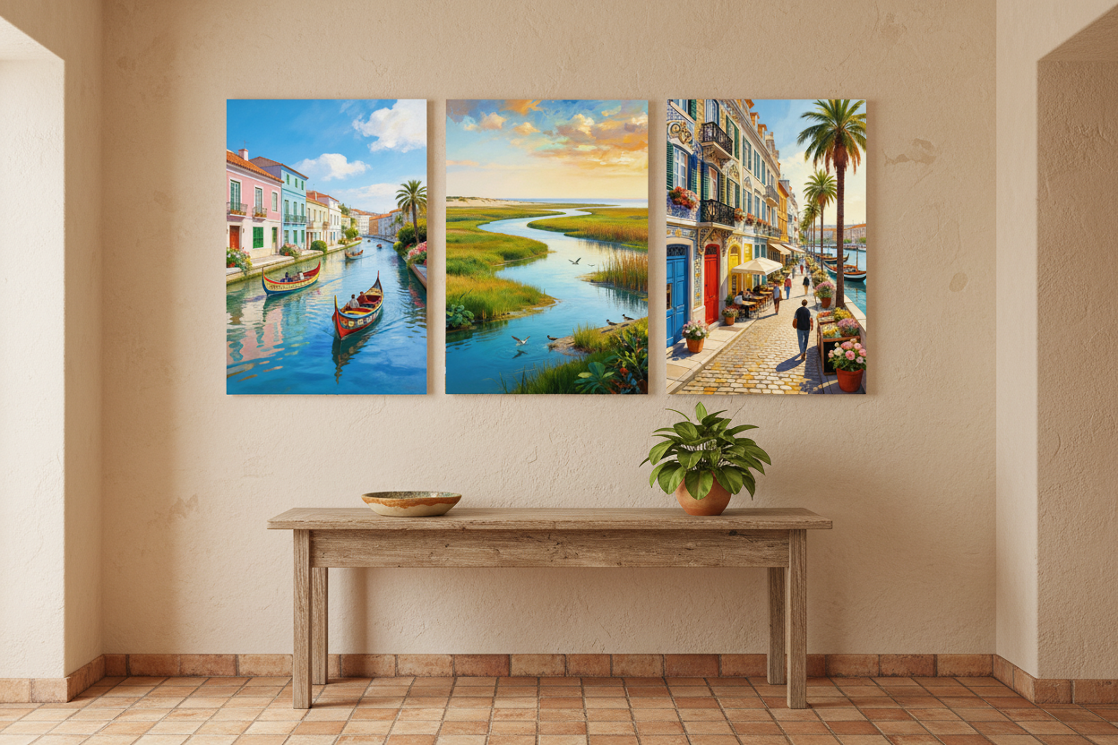 Aveiro canal moliceiro boats triptych canvas wall art set displayed in a warm rustic hallway entryway - Portugal Canvas Co
