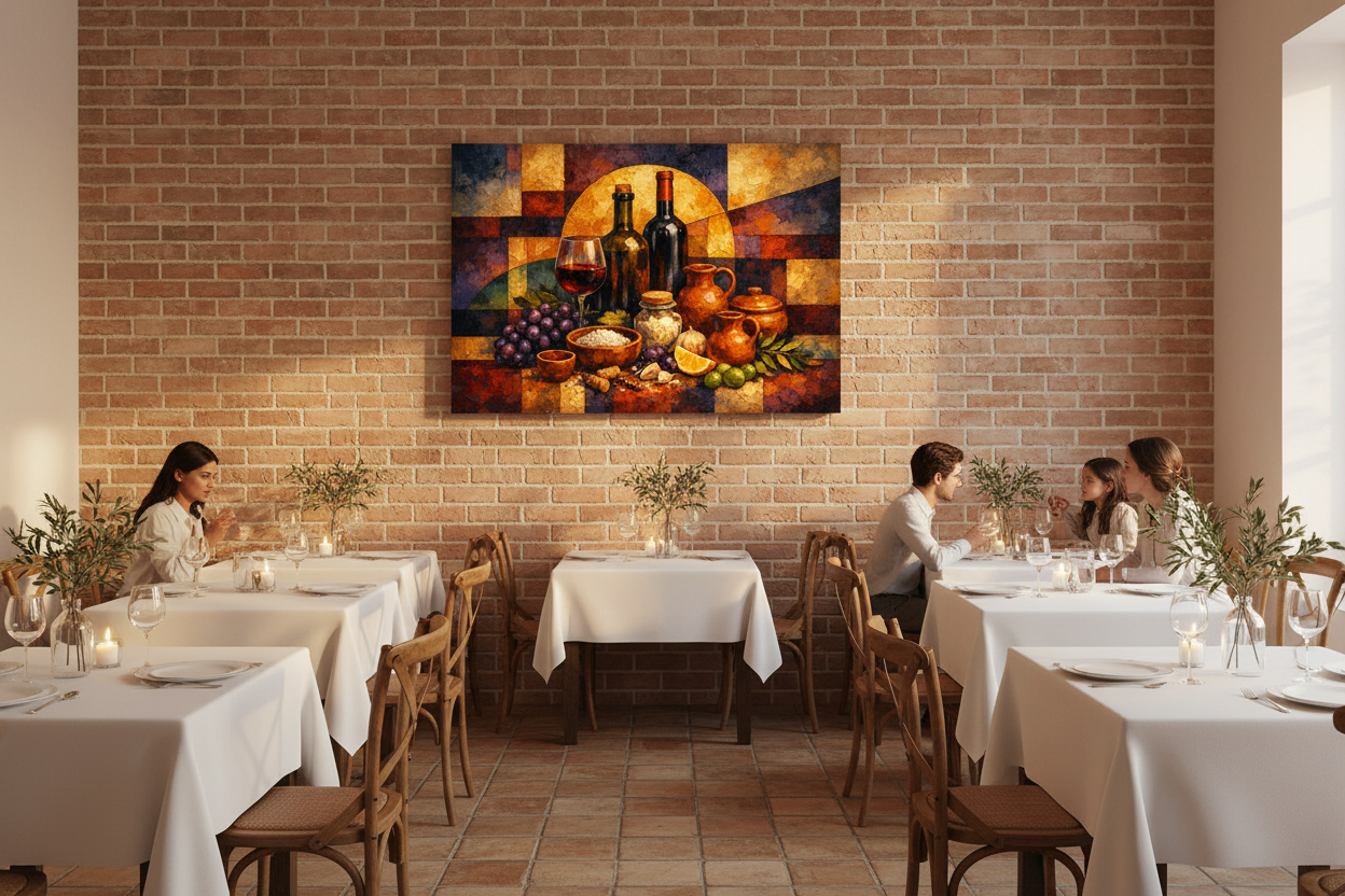 Grapes & Harvest Still Life Canvas displayed in a rustic Mediterranean restaurant dining room - Portugal Canvas Co