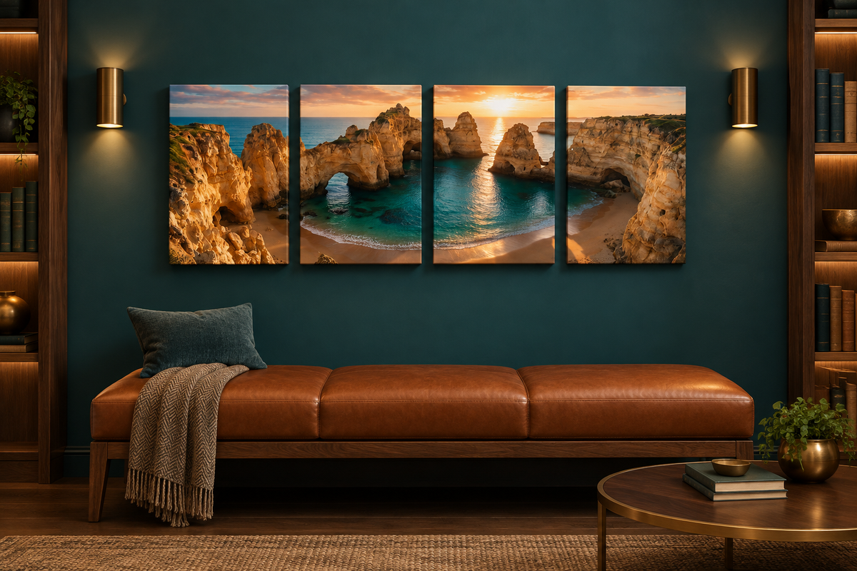 Four-panel Ponta da Piedade Algarve sunset canvas on a petrol-teal wall in a luxury library lounge with cognac leather seating - Portugal Canvas Co