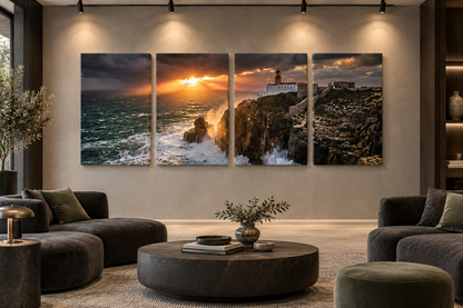 Cabo de São Vicente lighthouse four-panel canvas on a gallery wall in a charcoal and sage lounge - Portugal Canvas Co