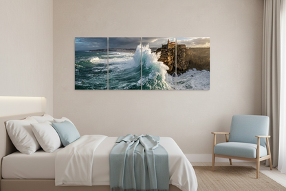 Four-panel coastal lighthouse canvas wall art in a luxury hotel suite - Portugal Canvas Co